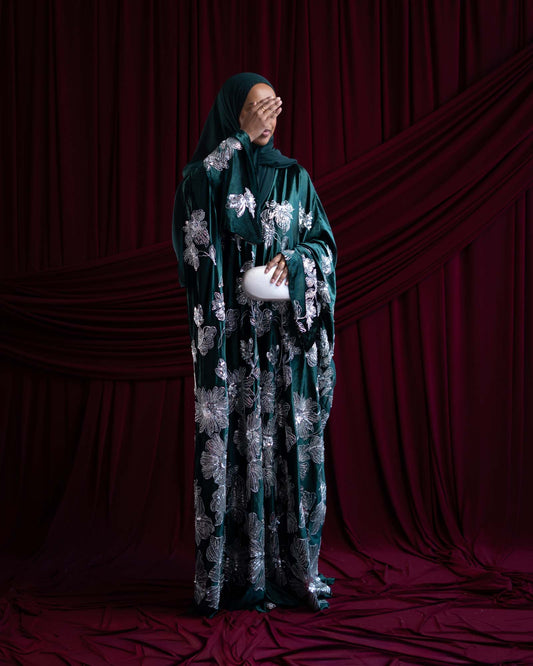 Amani Emerald Green Velvet Floral Embellished Abaya