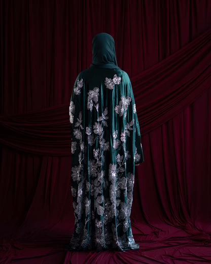 Amani Emerald Green Velvet Floral Embellished Abaya