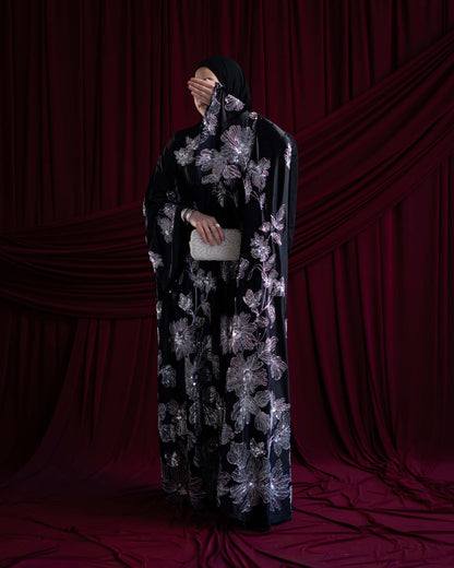 Amani Black Velvet Floral Embellished Abaya