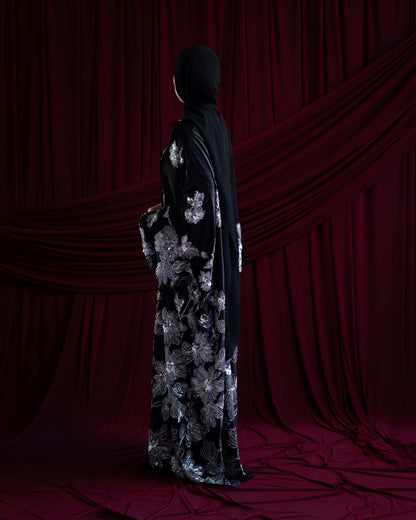 Amani Black Velvet Floral Embellished Abaya