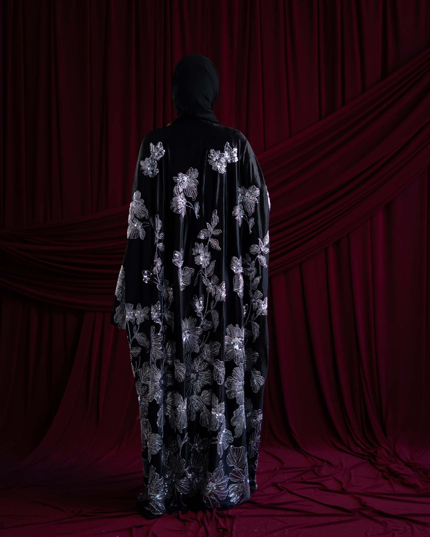 Amani Black Velvet Floral Embellished Abaya
