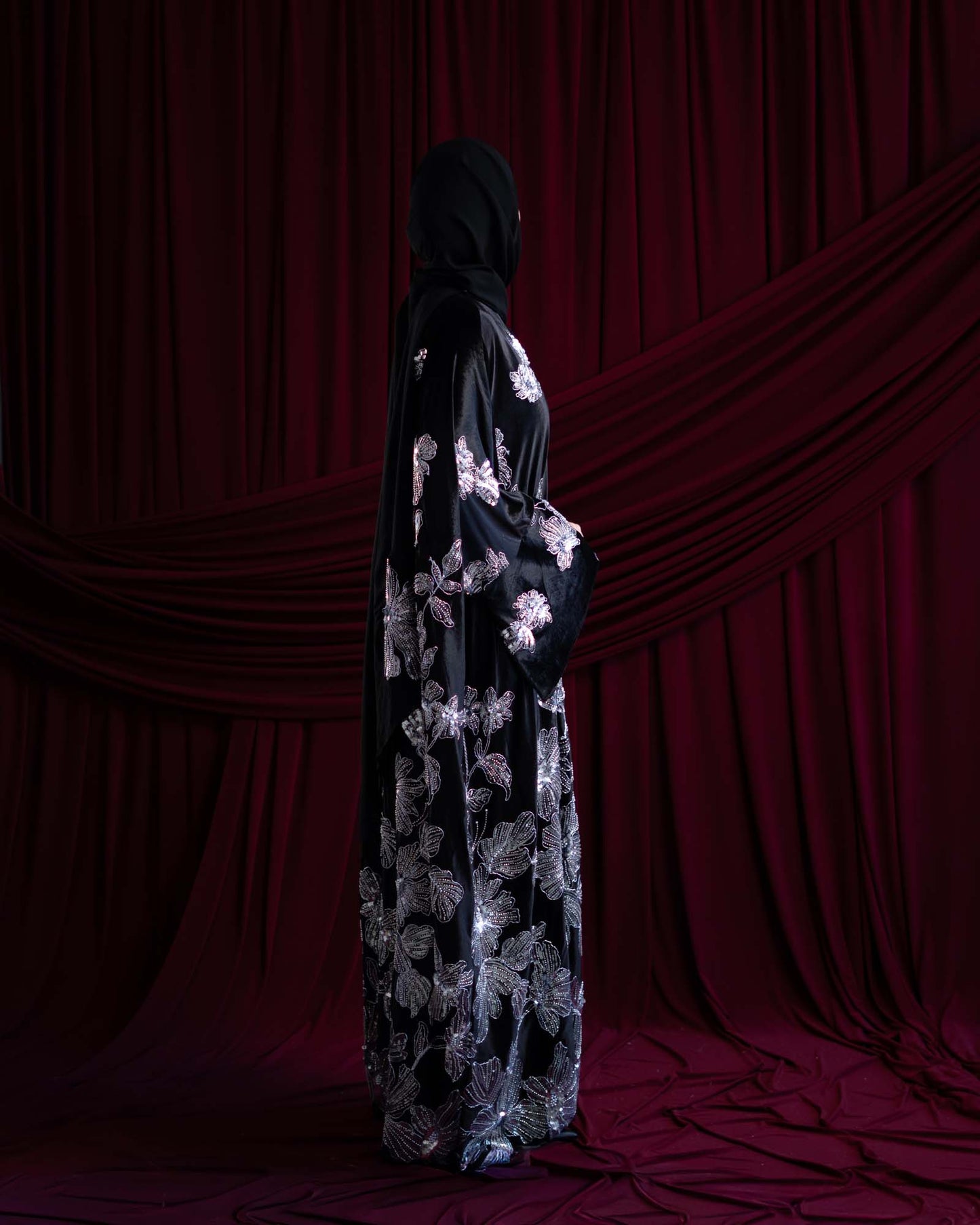 Amani Black Velvet Floral Embellished Abaya
