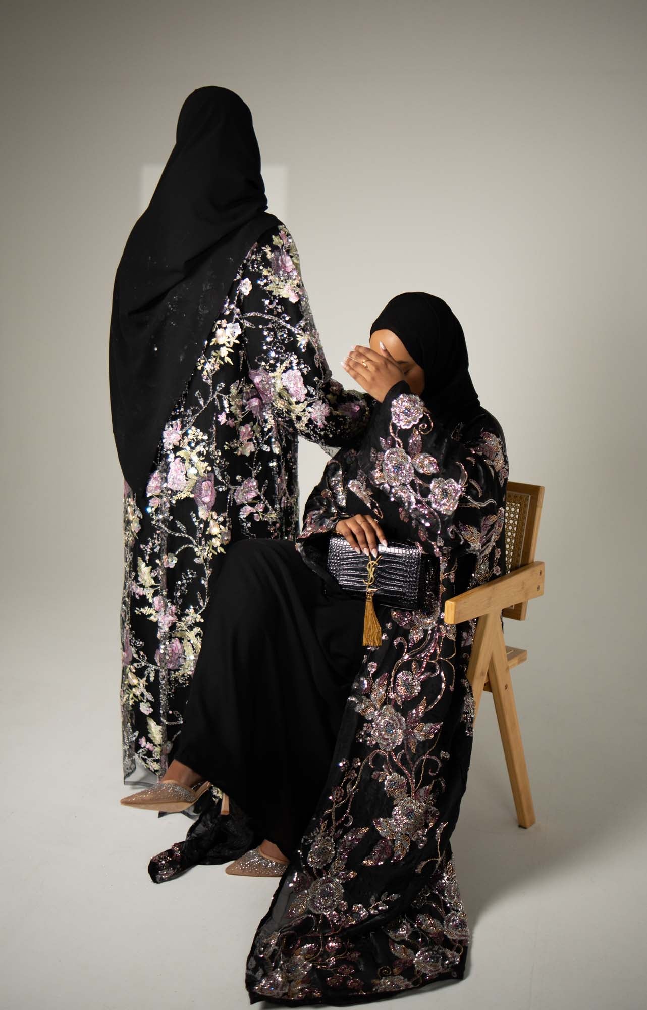 Layali Noir Floral Embellished Abaya | occasion abayas | both view