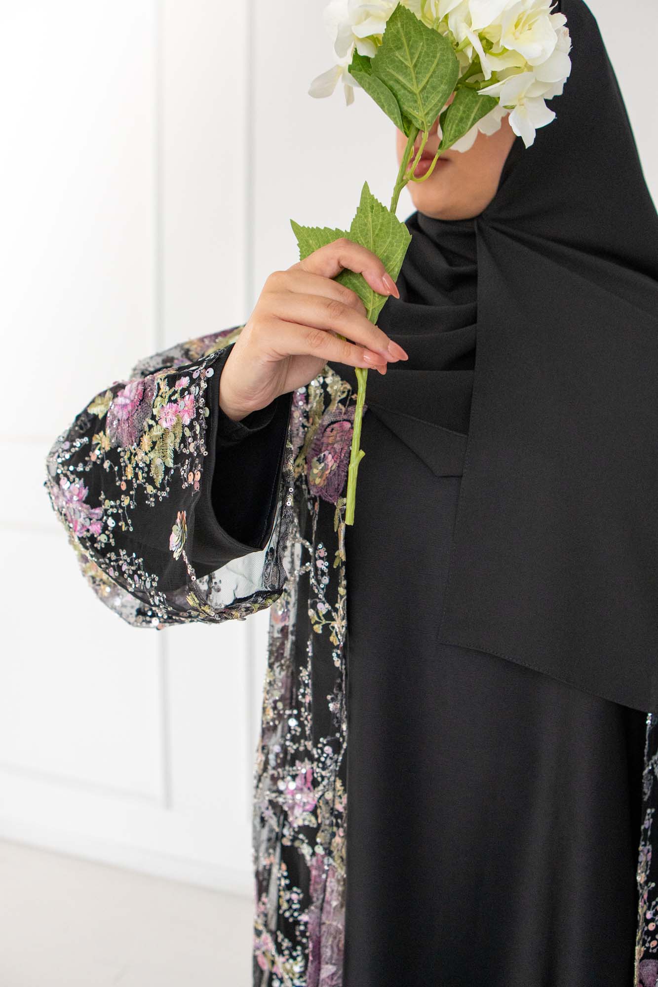 Layali Noir Floral Embellished Abaya | occasion abayas | close view