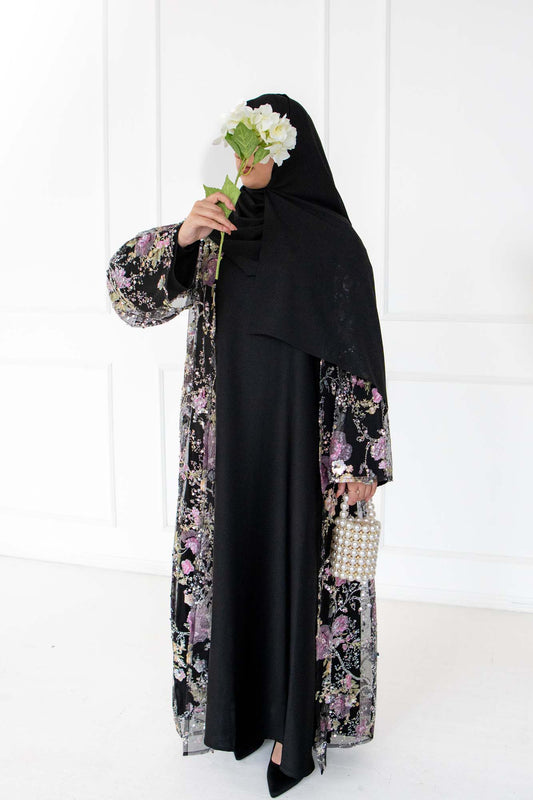 Layali Noir Floral Embellished Abaya | occasion abayas | front view