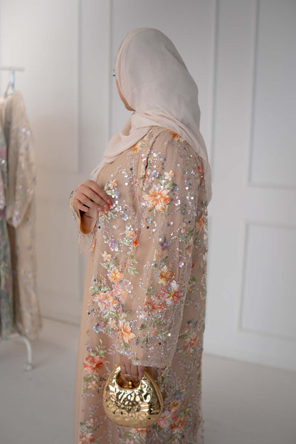 Layali Peaches and Cream Floral Embellished Abaya