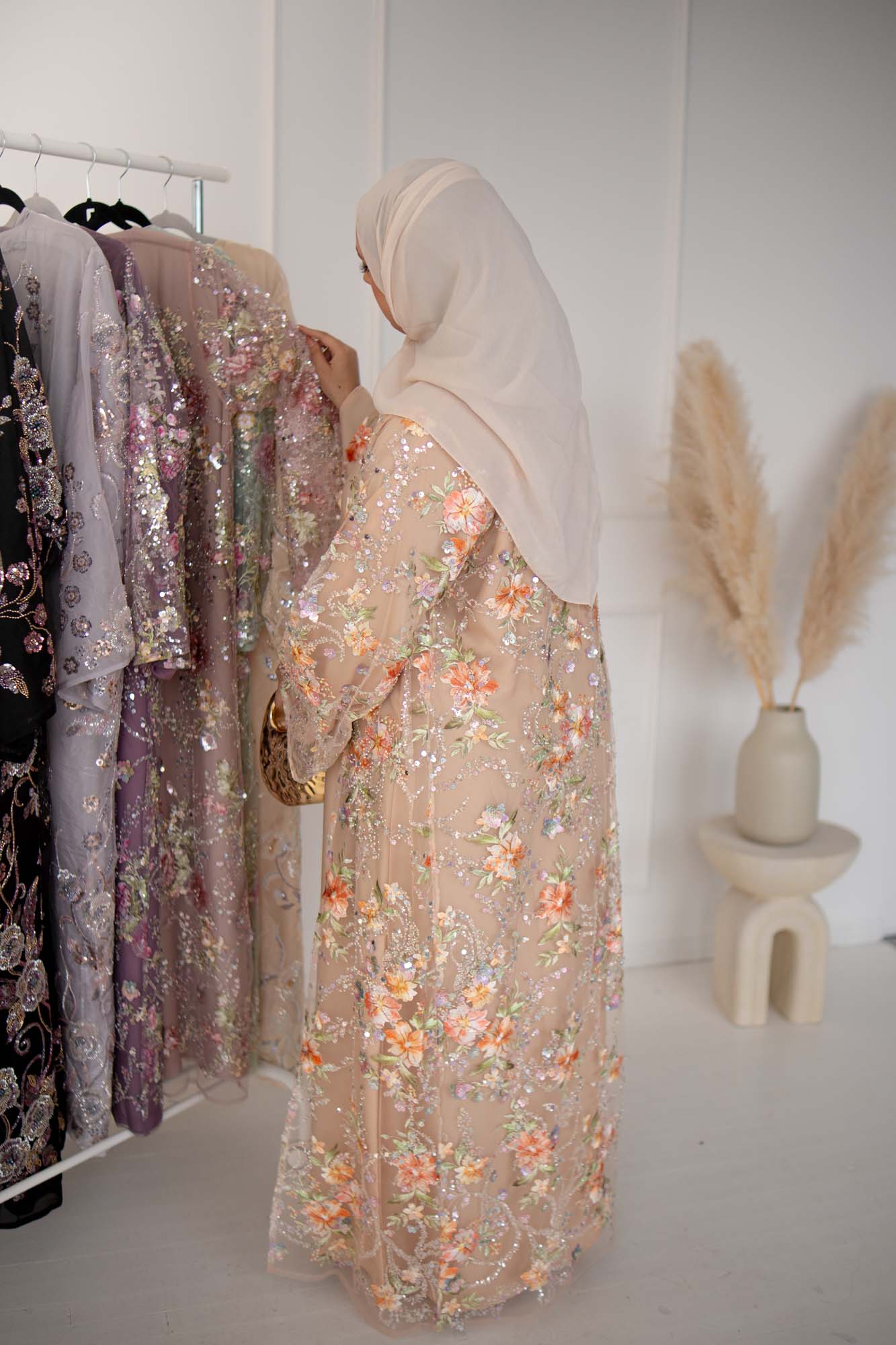 Layali Peaches and Cream Floral Embellished Abaya
