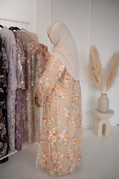 Layali Peaches and Cream Floral Embellished Abaya
