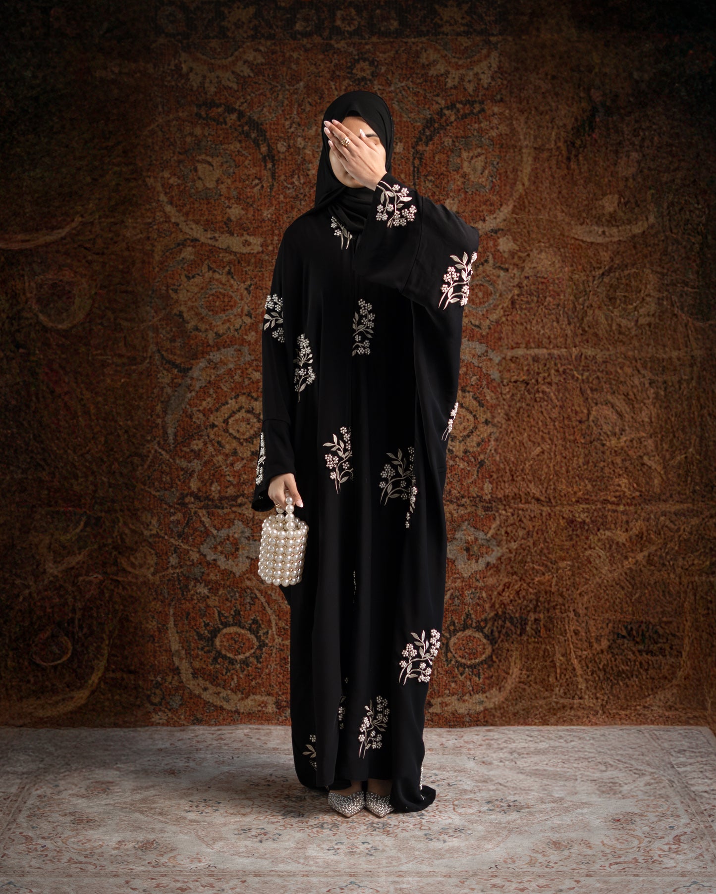 Emara Black Butterfly Pearl Embroidered Abaya
