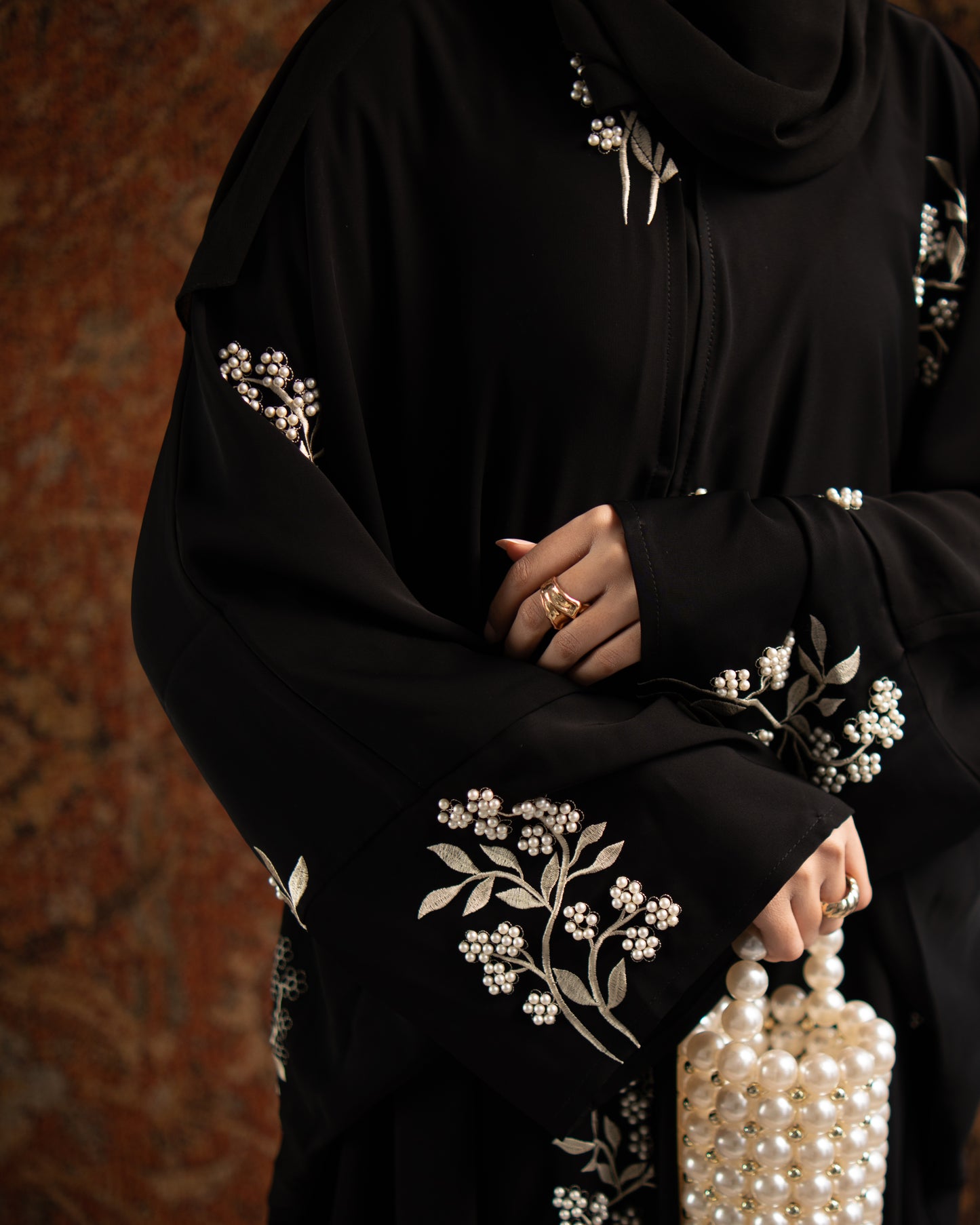 Emara Black Butterfly Pearl Embroidered Abaya