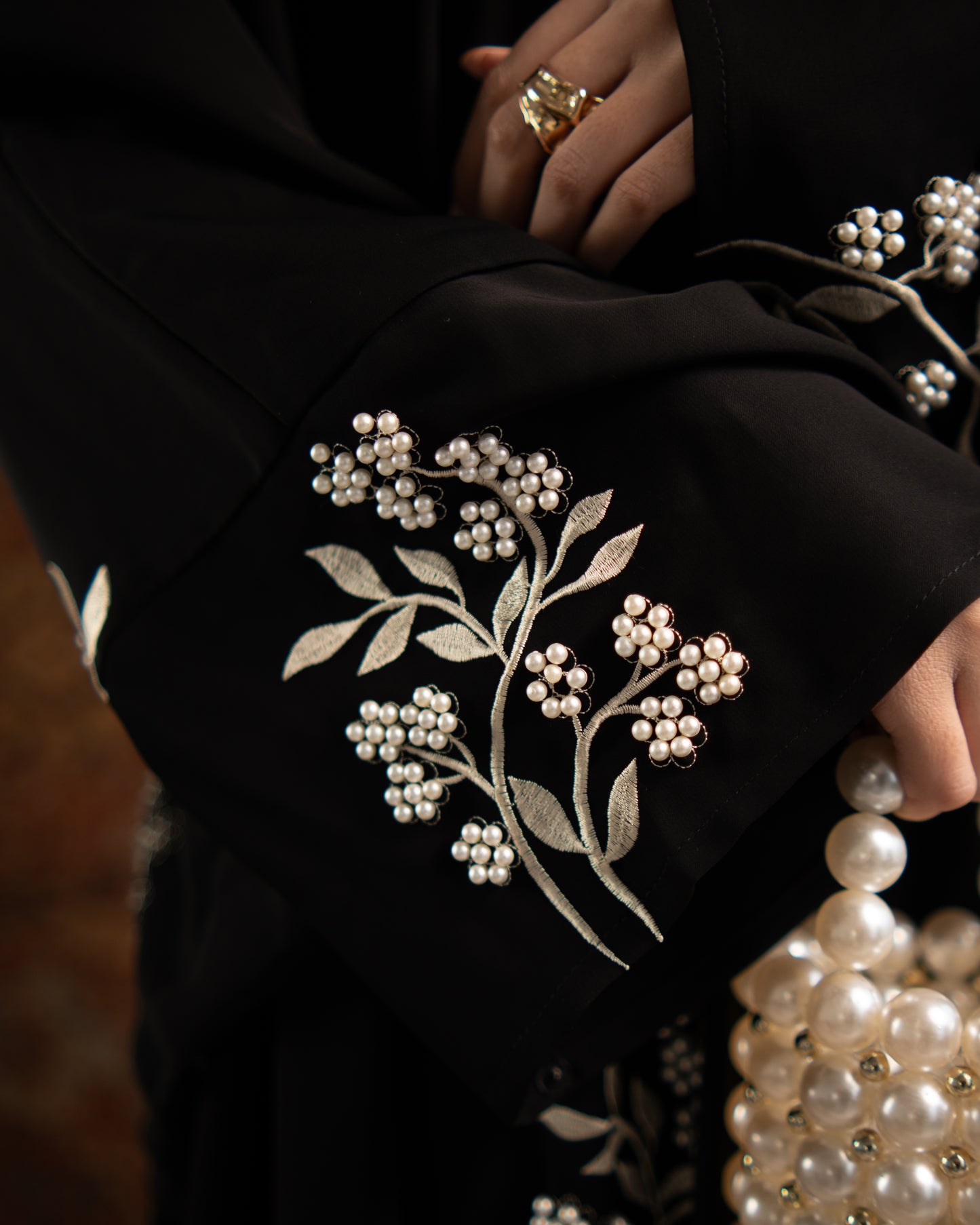 Emara Black Butterfly Pearl Embroidered Abaya
