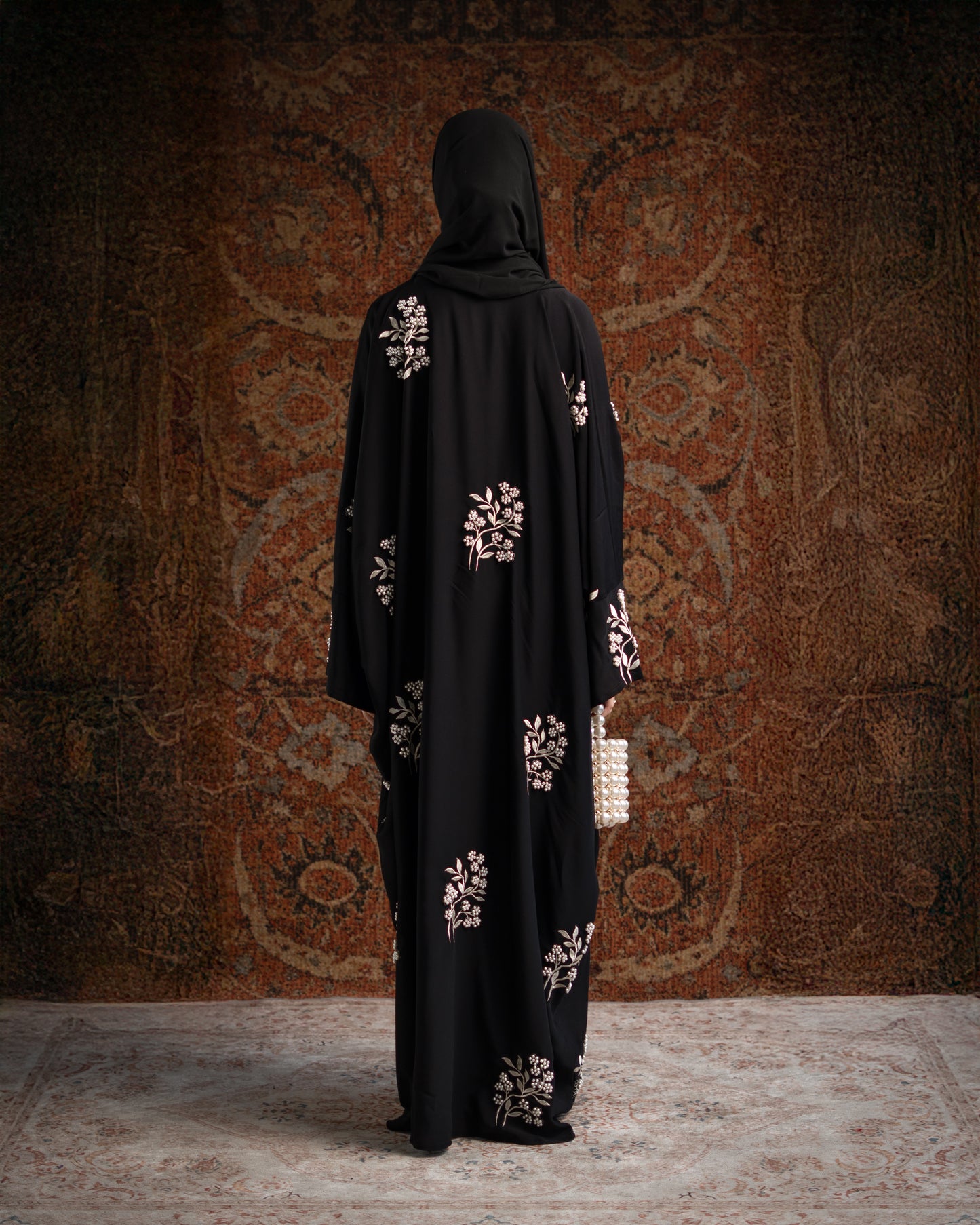 Emara Black Butterfly Pearl Embroidered Abaya