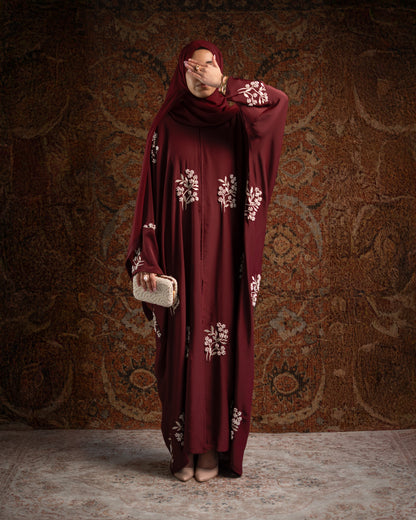 Emara Burgundy Butterfly Pearl Embroidered Abaya