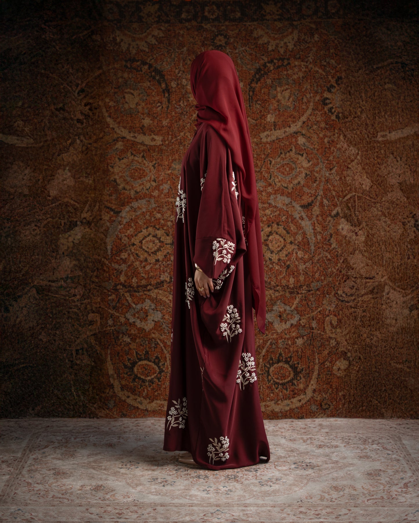 Emara Burgundy Butterfly Pearl Embroidered Abaya