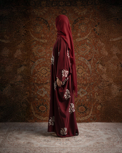 Emara Burgundy Butterfly Pearl Embroidered Abaya