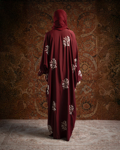 Emara Burgundy Butterfly Pearl Embroidered Abaya