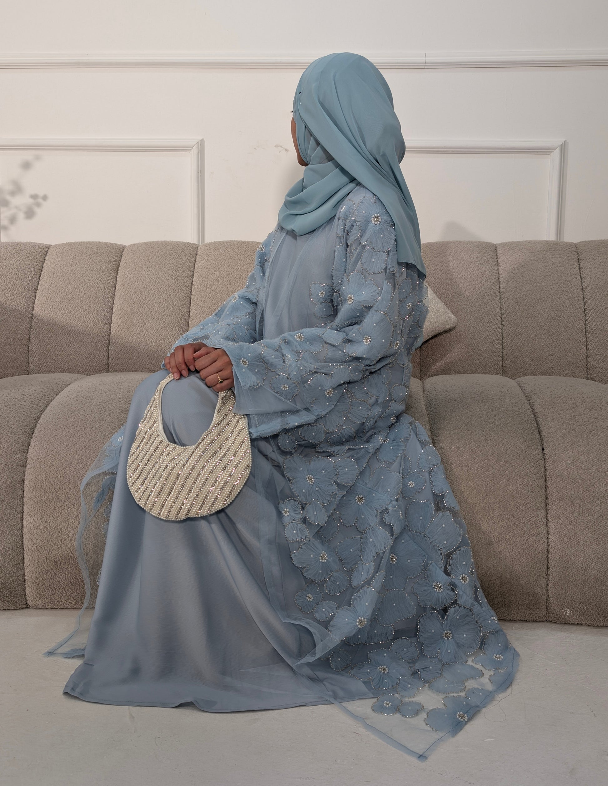 Malika Light Blue Floral Embellished Abaya | occasion abayas | side full view