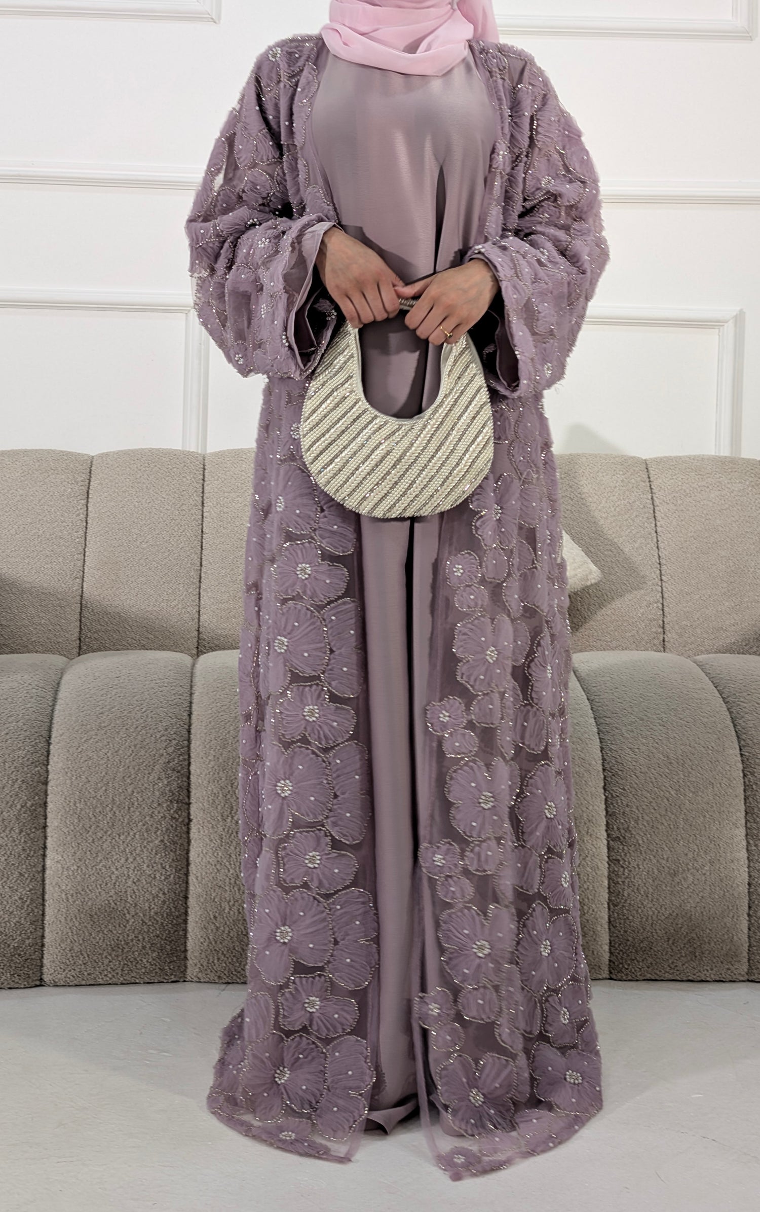 Malika Lilac Floral Embellished Abaya | occasion abayas | front view