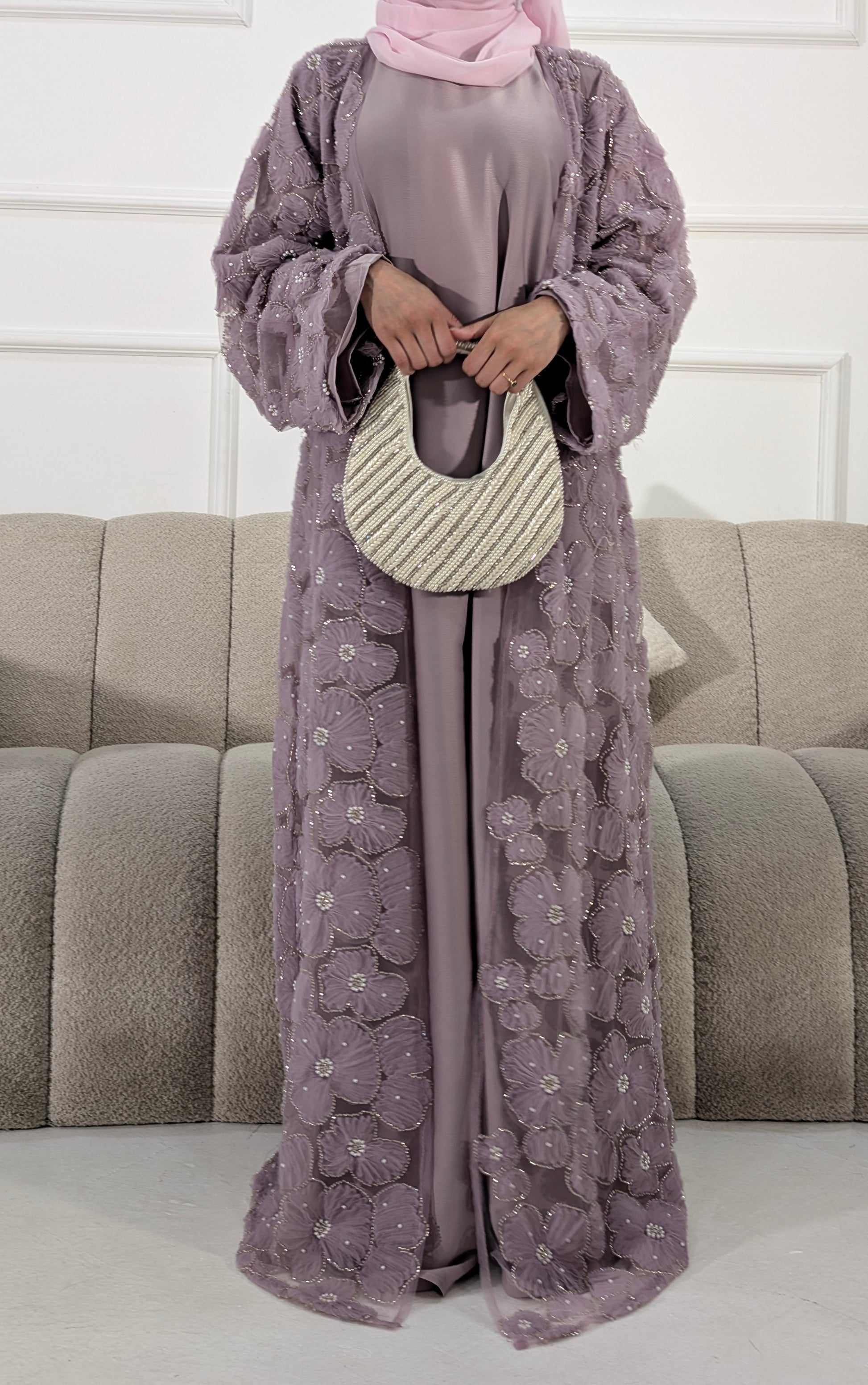 Malika Lilac Floral Embellished Abaya | occasion abayas | front view