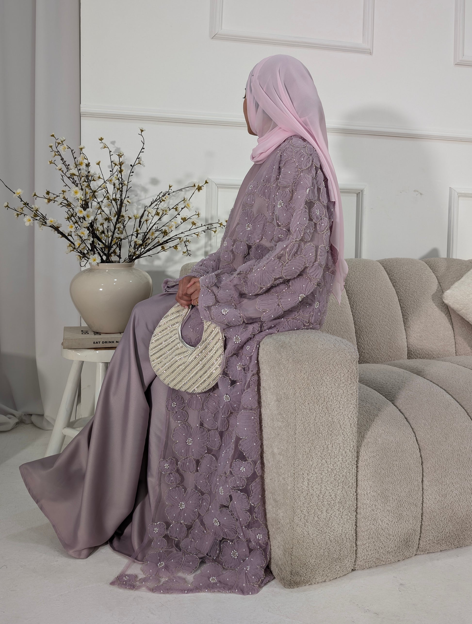 Malika Lilac Floral Embellished Abaya | occasion abayas | left full view