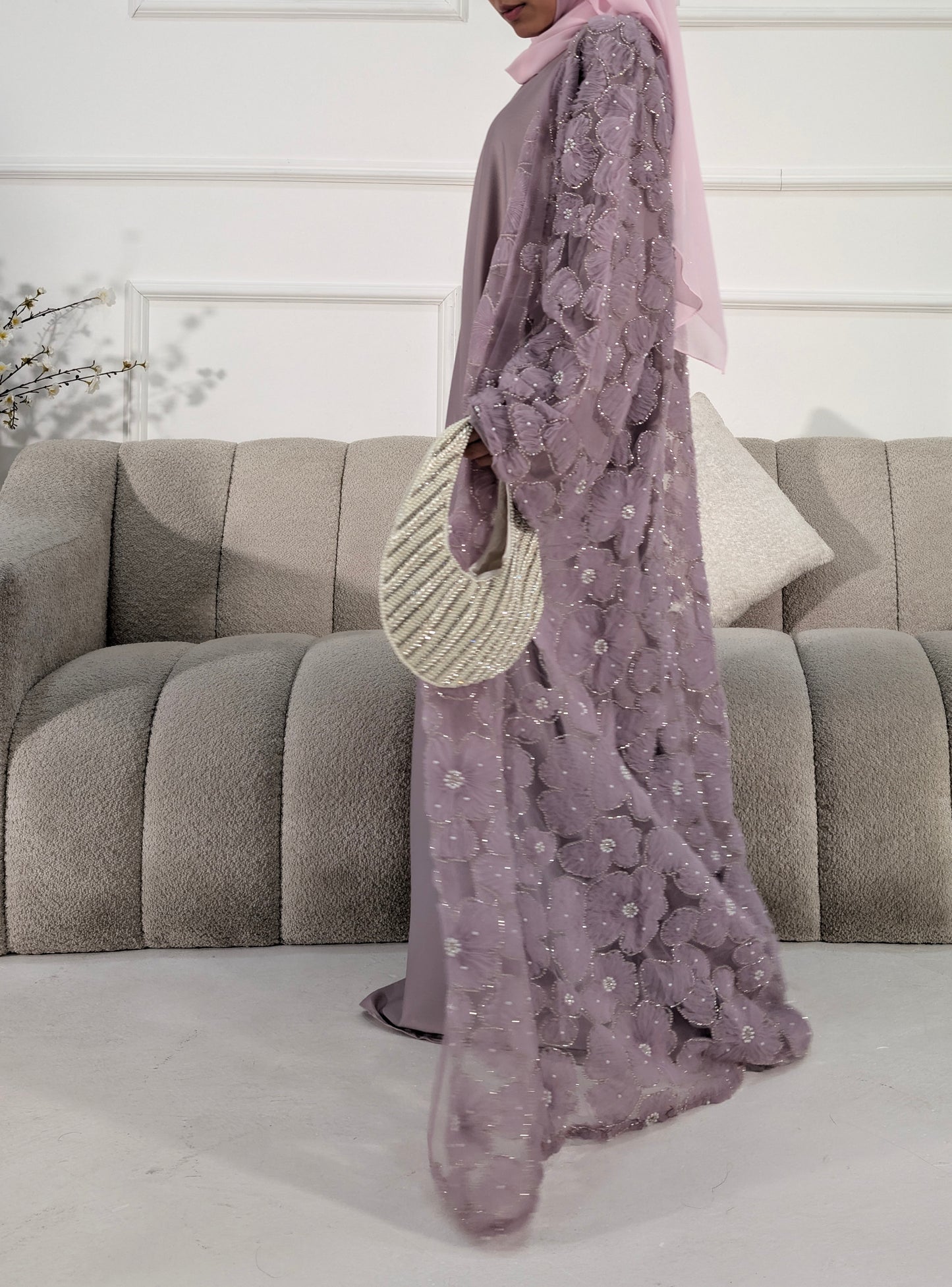 Malika Lilac Floral Embellished Abaya | occasion abayas | left view