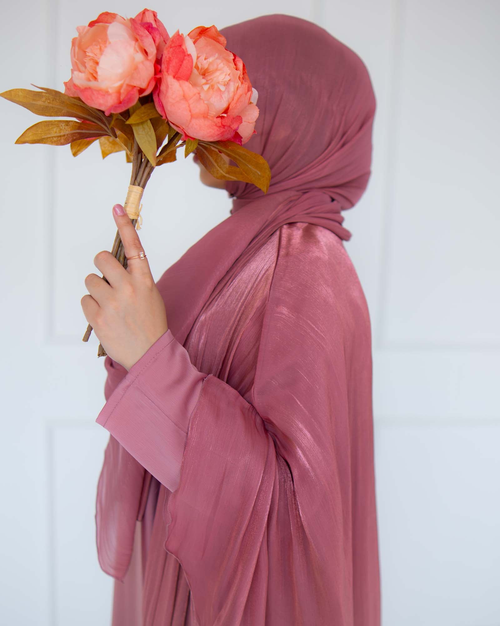 Nadia Deep Rose Organza Cape Abaya | occasion abayas | close left view