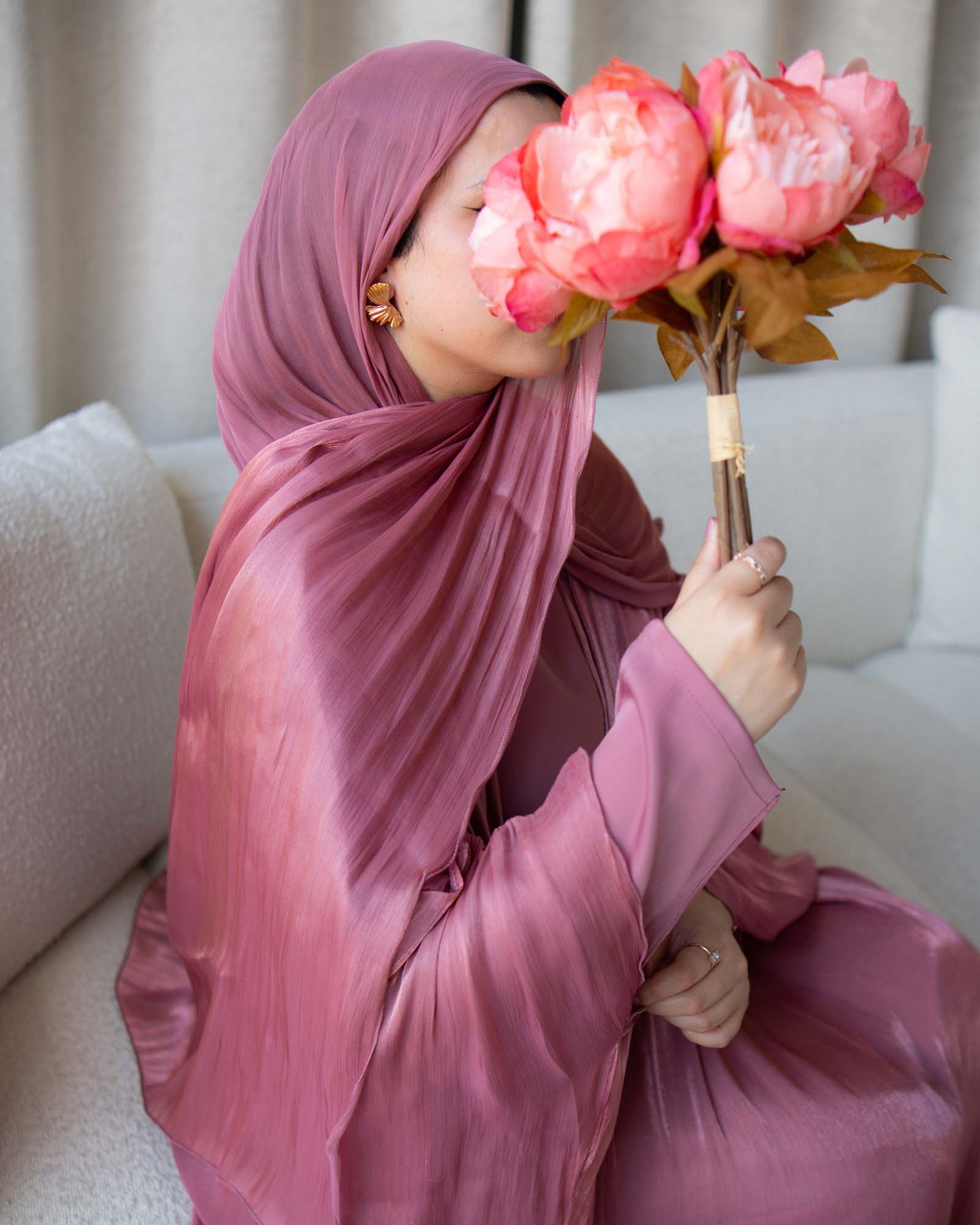 Nadia Deep Rose Organza Cape Abaya | occasion abayas | close view