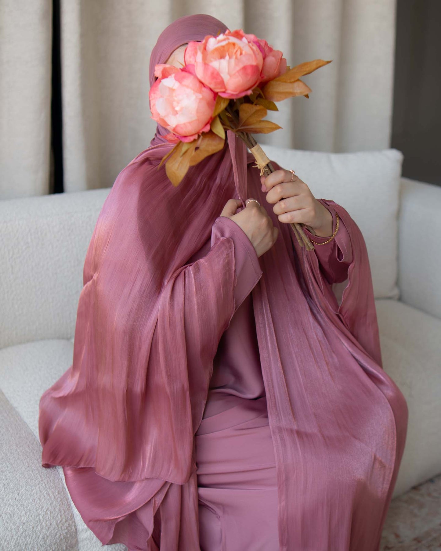 Nadia Deep Rose Organza Cape Abaya | occasion abayas | front close view