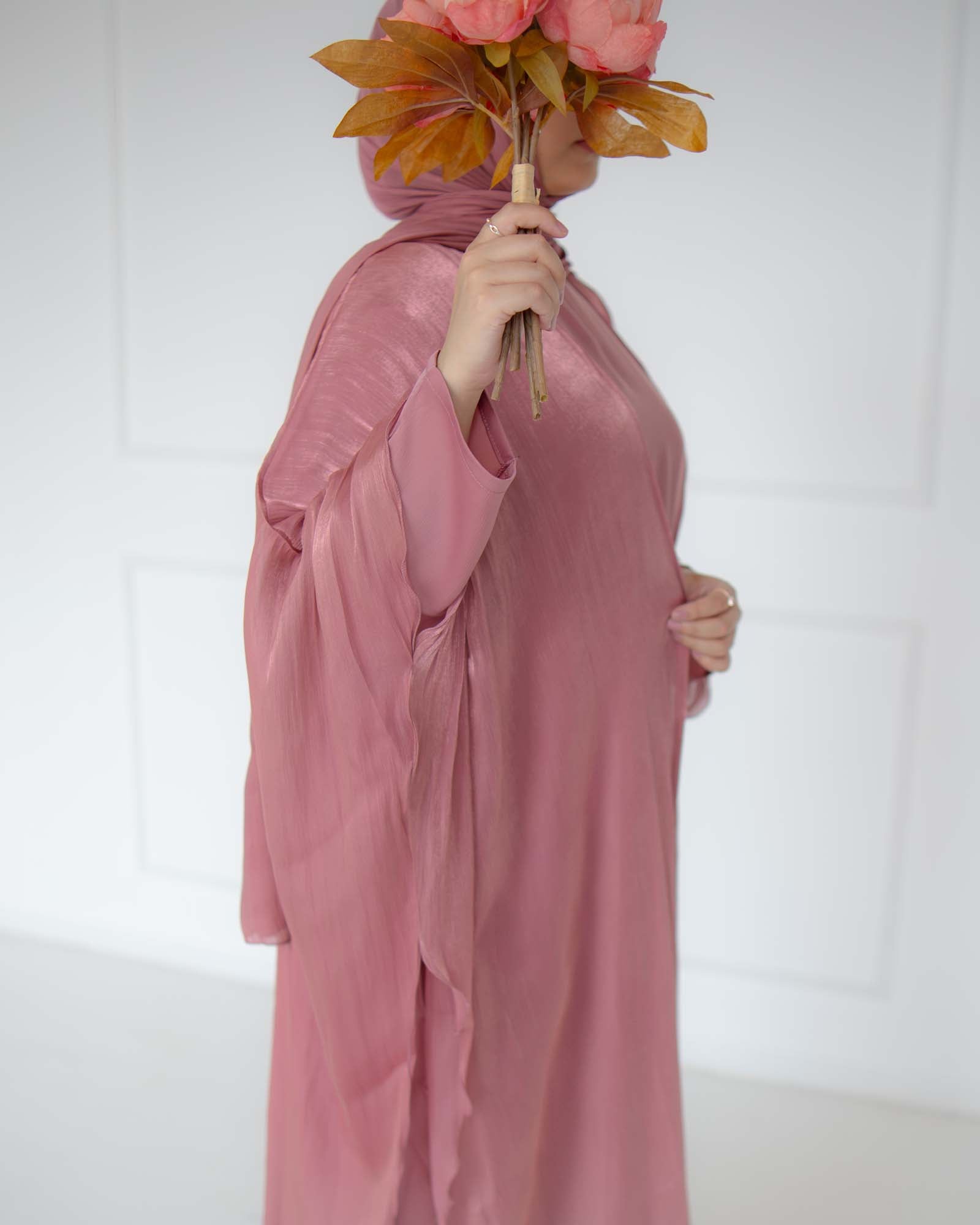 Nadia Deep Rose Organza Cape Abaya | occasion abayas | right close view