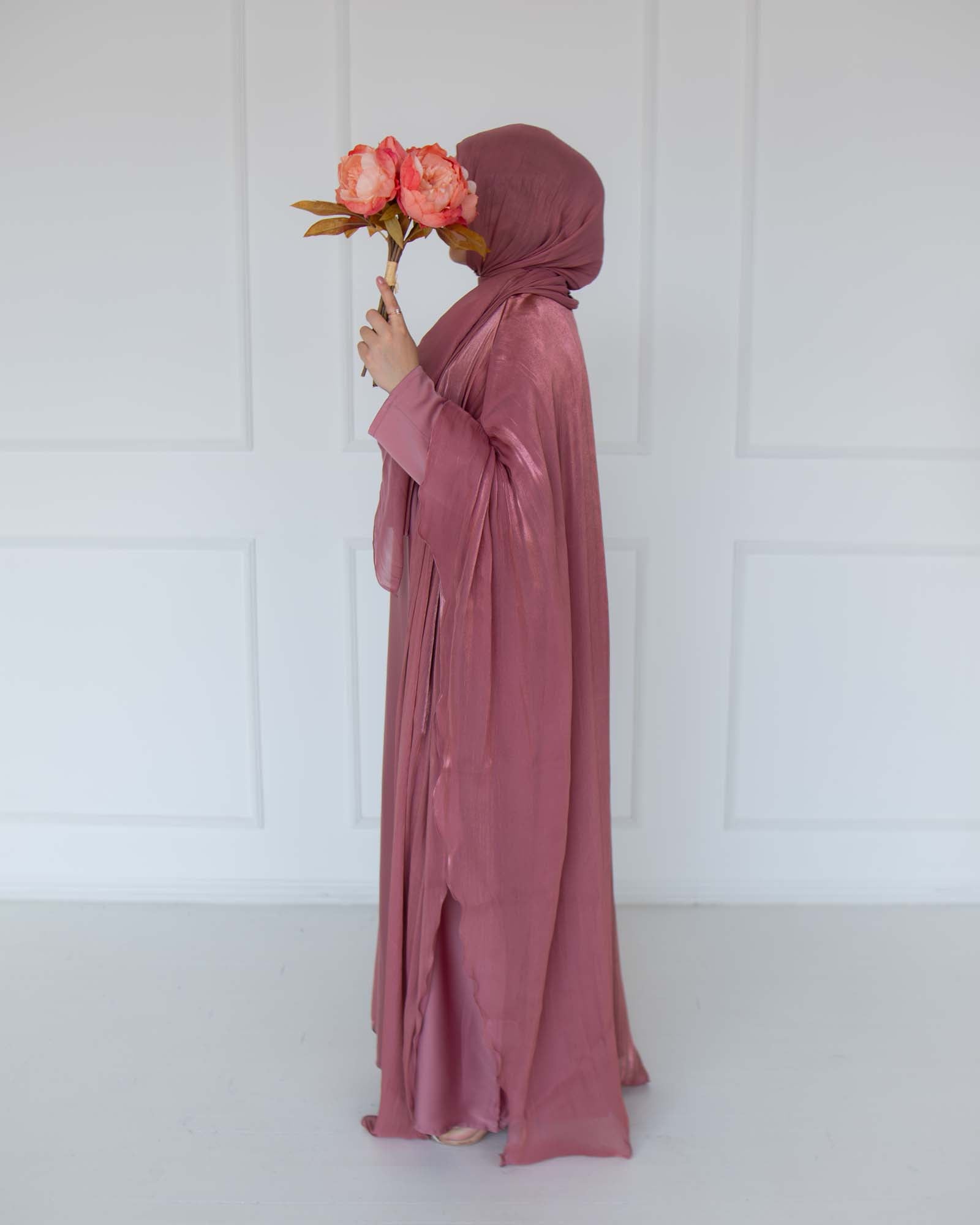 Nadia Deep Rose Organza Cape Abaya | occasion abayas | right full view