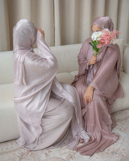 Nadia Mauve Organza Cape Abaya | occasion abayas | both abaya front view