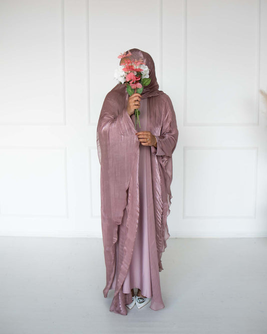 Nadia Mauve Organza Cape Abaya | occasion abayas | front view