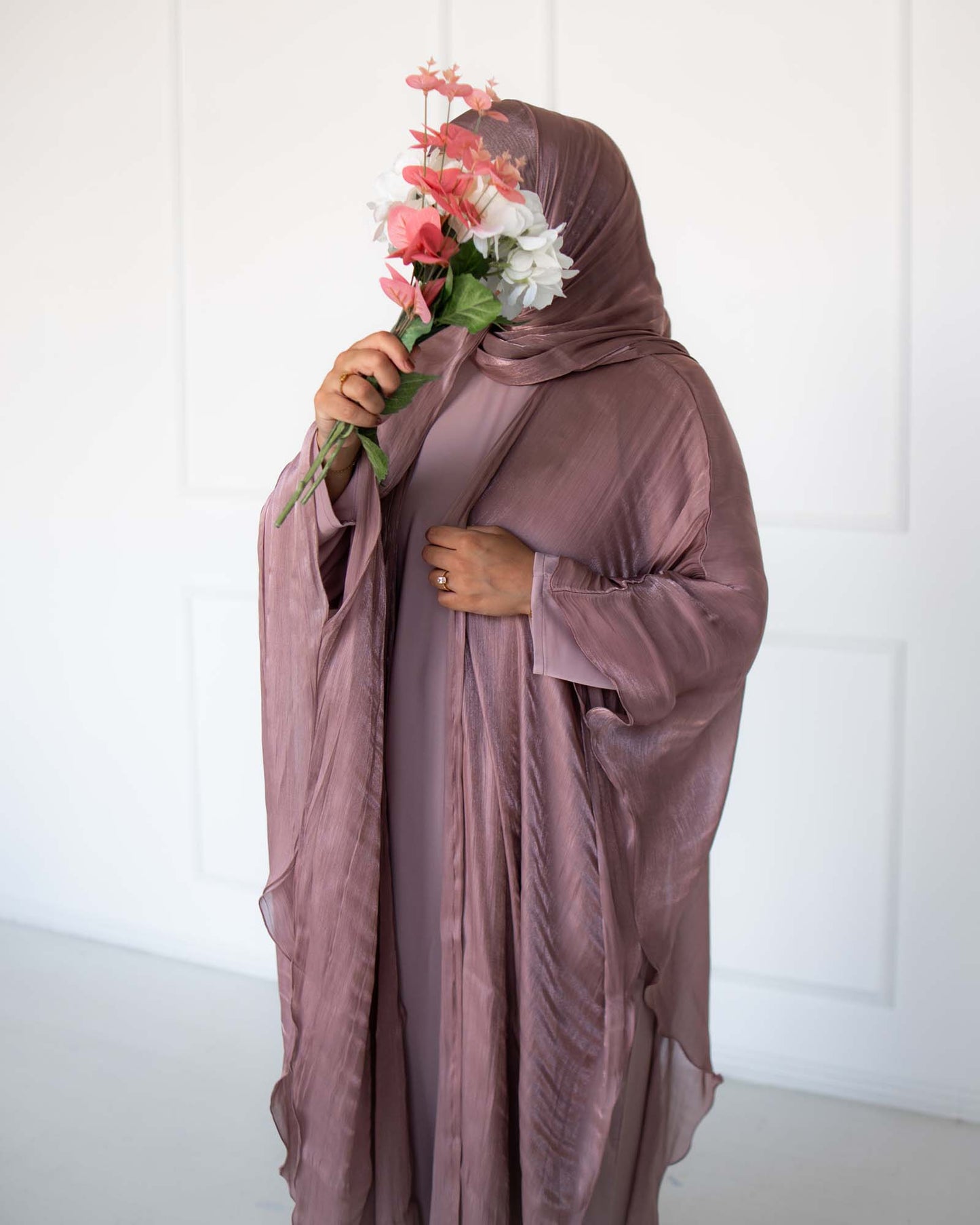 Nadia Mauve Organza Cape Abaya | occasion abayas | left full view
