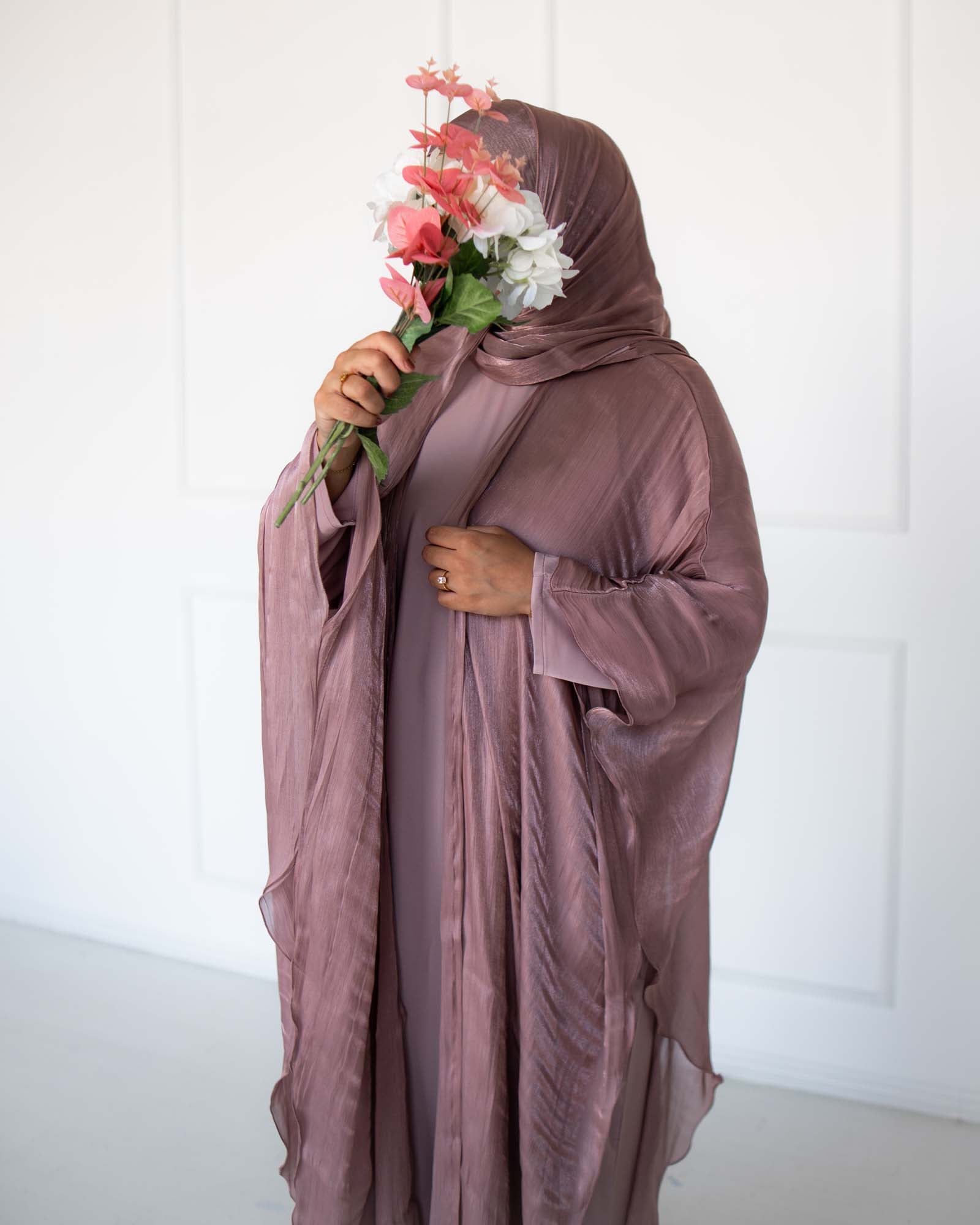 Nadia Mauve Organza Cape Abaya | occasion abayas | left full view