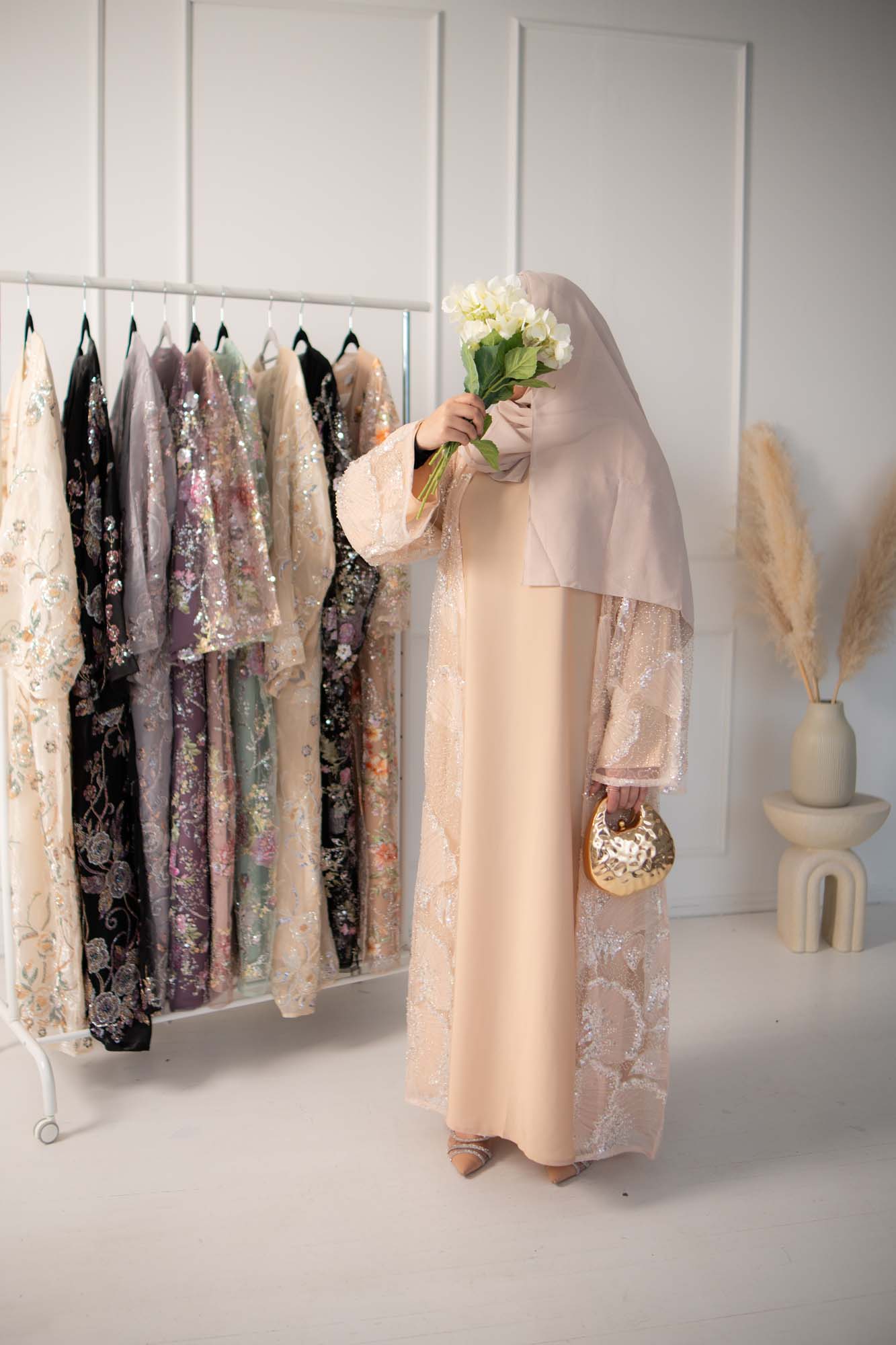 Noor Soft Peach Floral Crystal Embellished Abaya | front view
