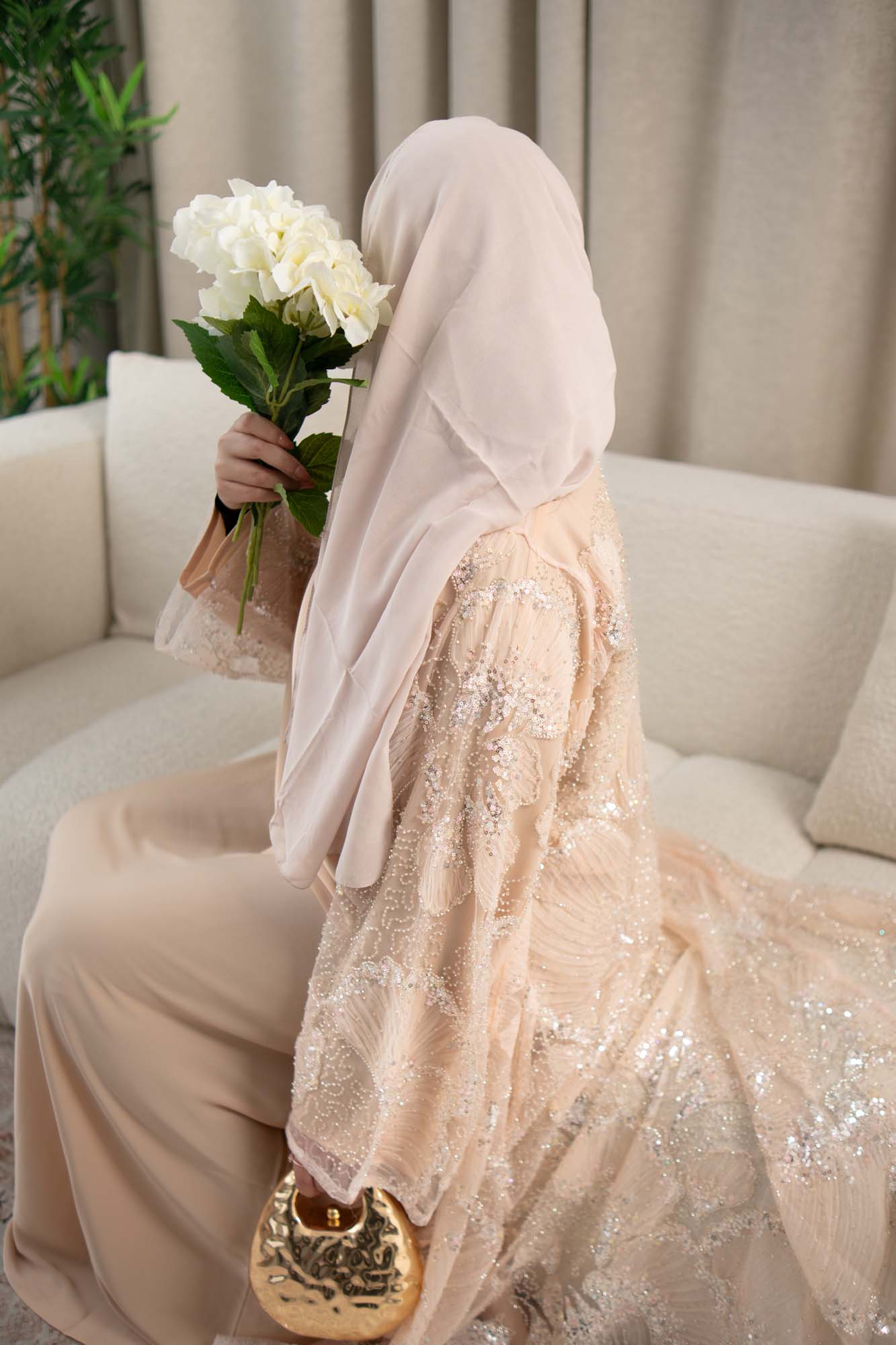 Noor Soft Peach Floral Crystal Embellished Abaya | side view