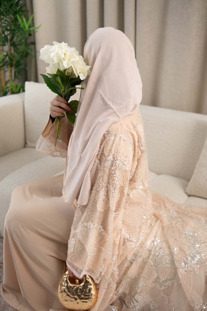 Noor Soft Peach Floral Crystal Embellished Abaya | side view