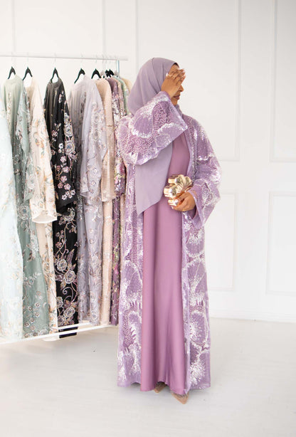 Noor Wildberry Purple Floral Crystal Embellished Abaya | occasion abayas | full view