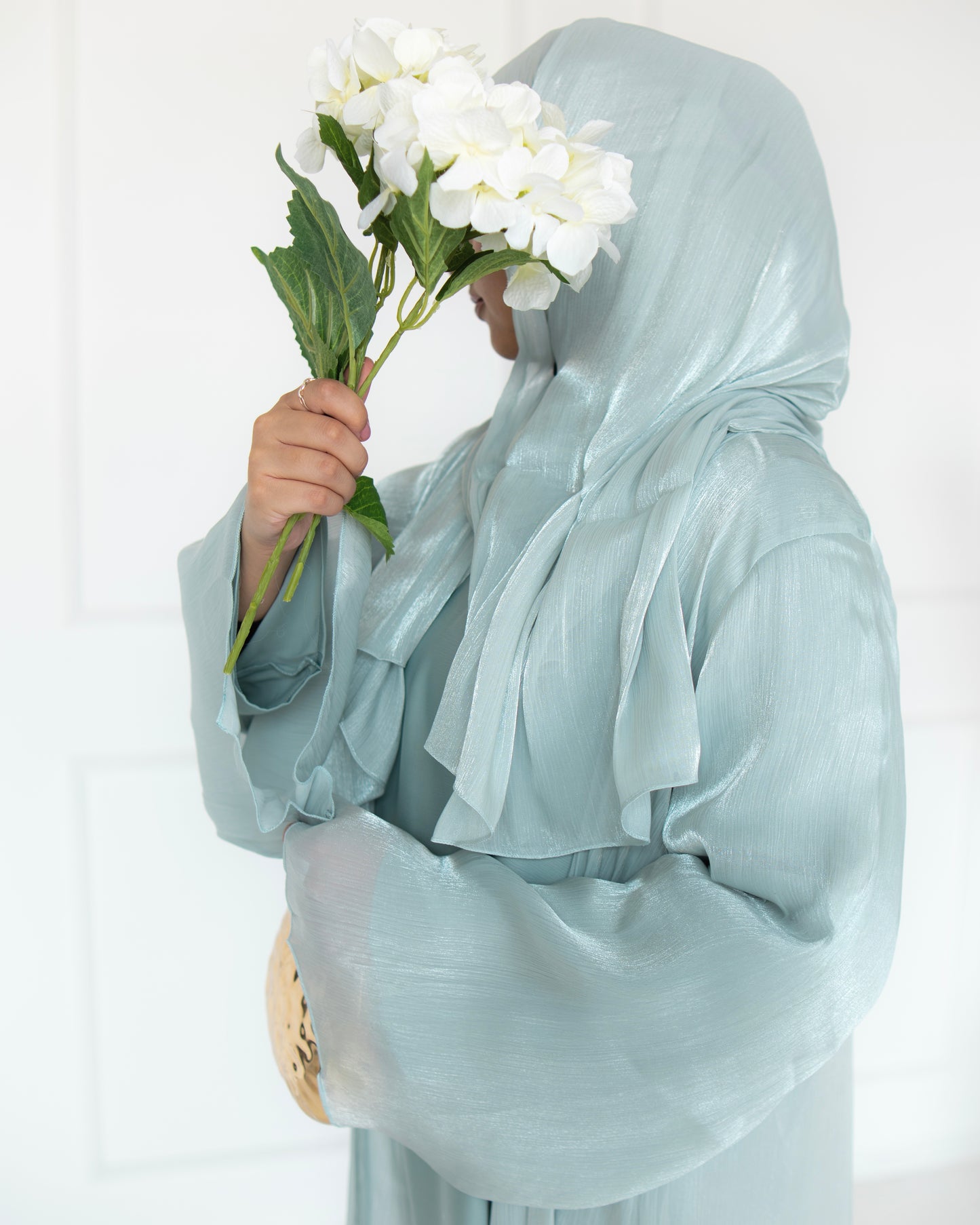 Reema Light Mint Princess Organza Abaya | occasion abayas | left view