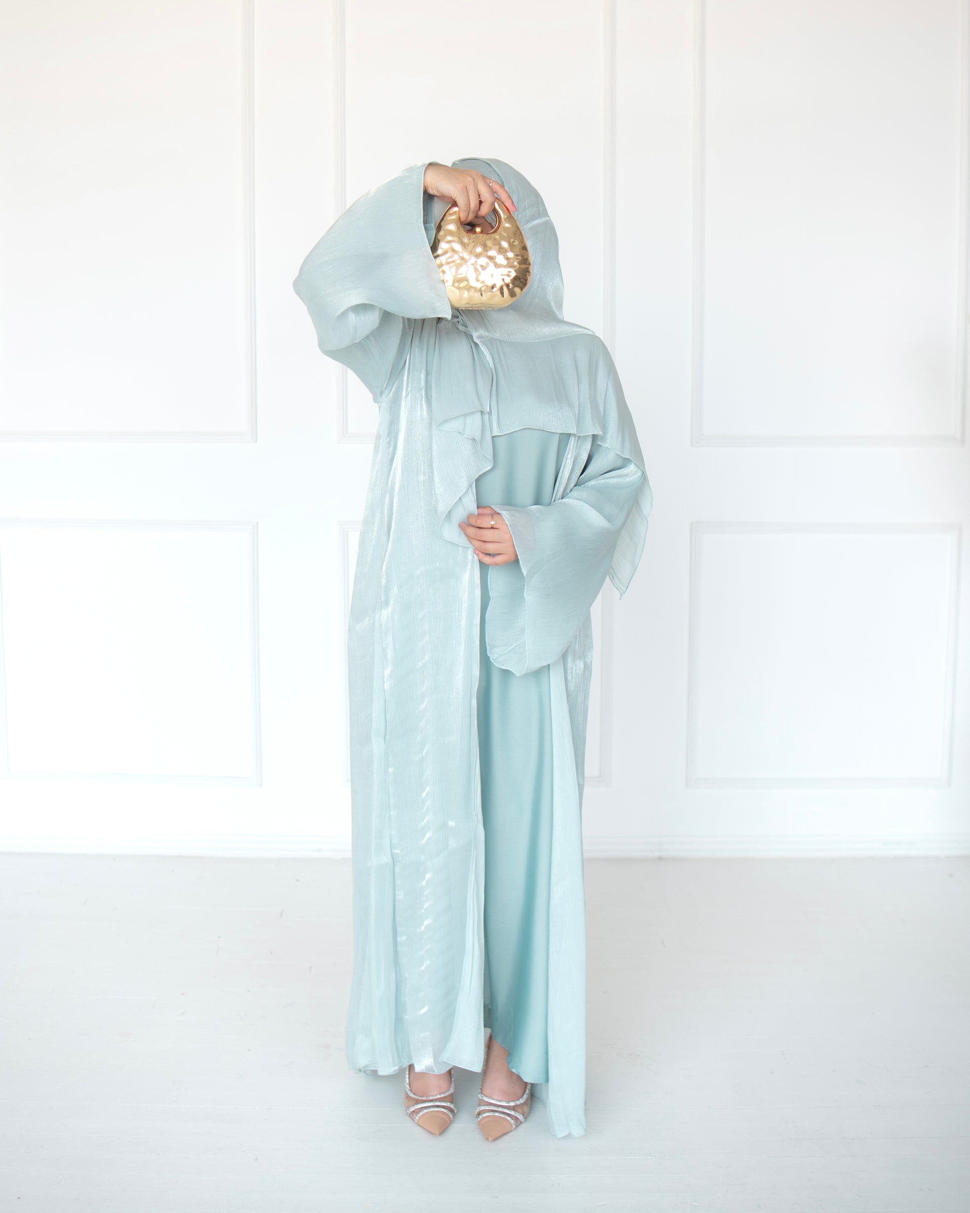 Reema Light Mint Princess Organza Abaya | occasion abayas | front view