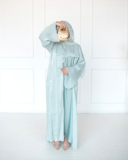 Reema Light Mint Princess Organza Abaya | occasion abayas | front view