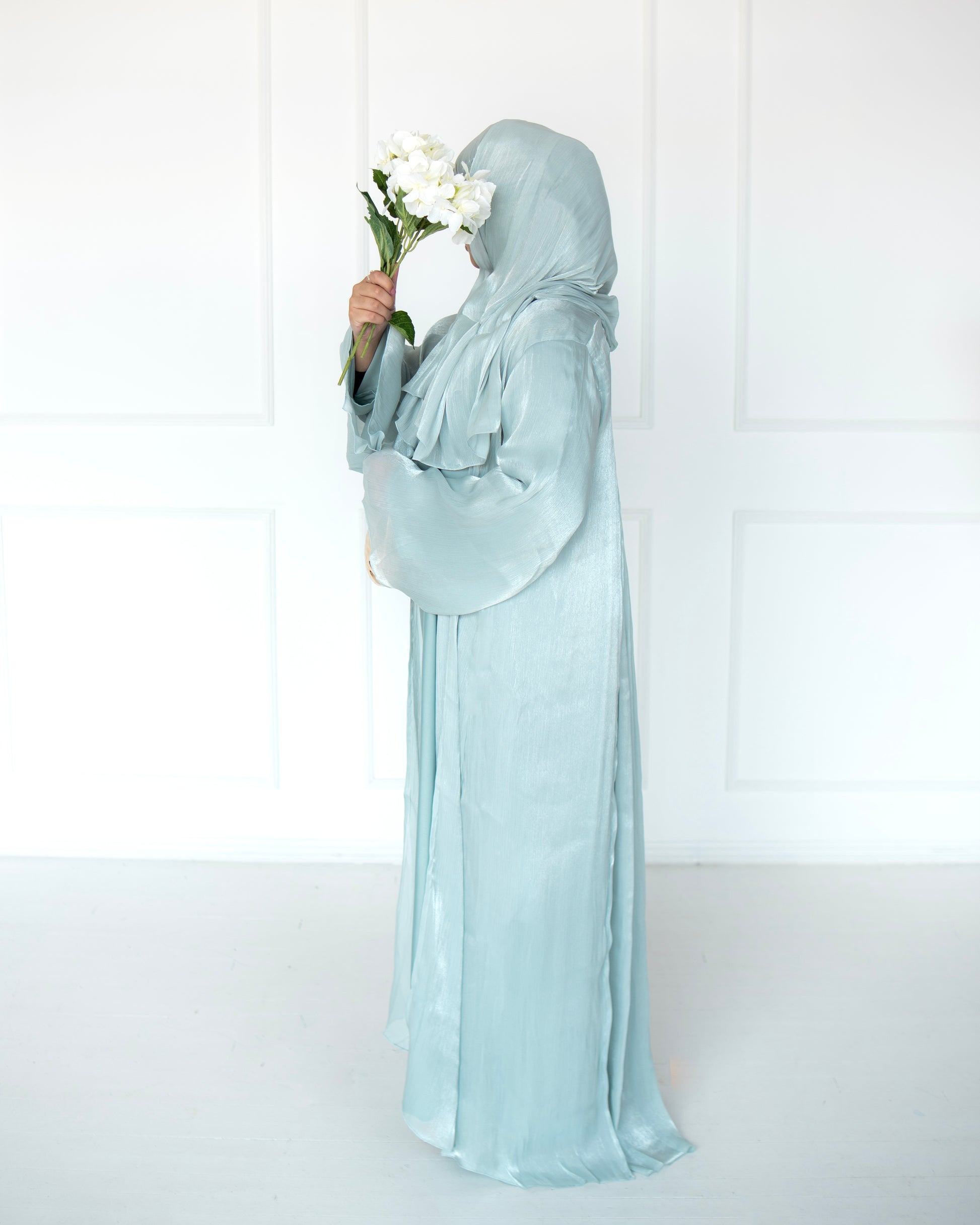 Reema Light Mint Princess Organza Abaya | occasion abayas | left view
