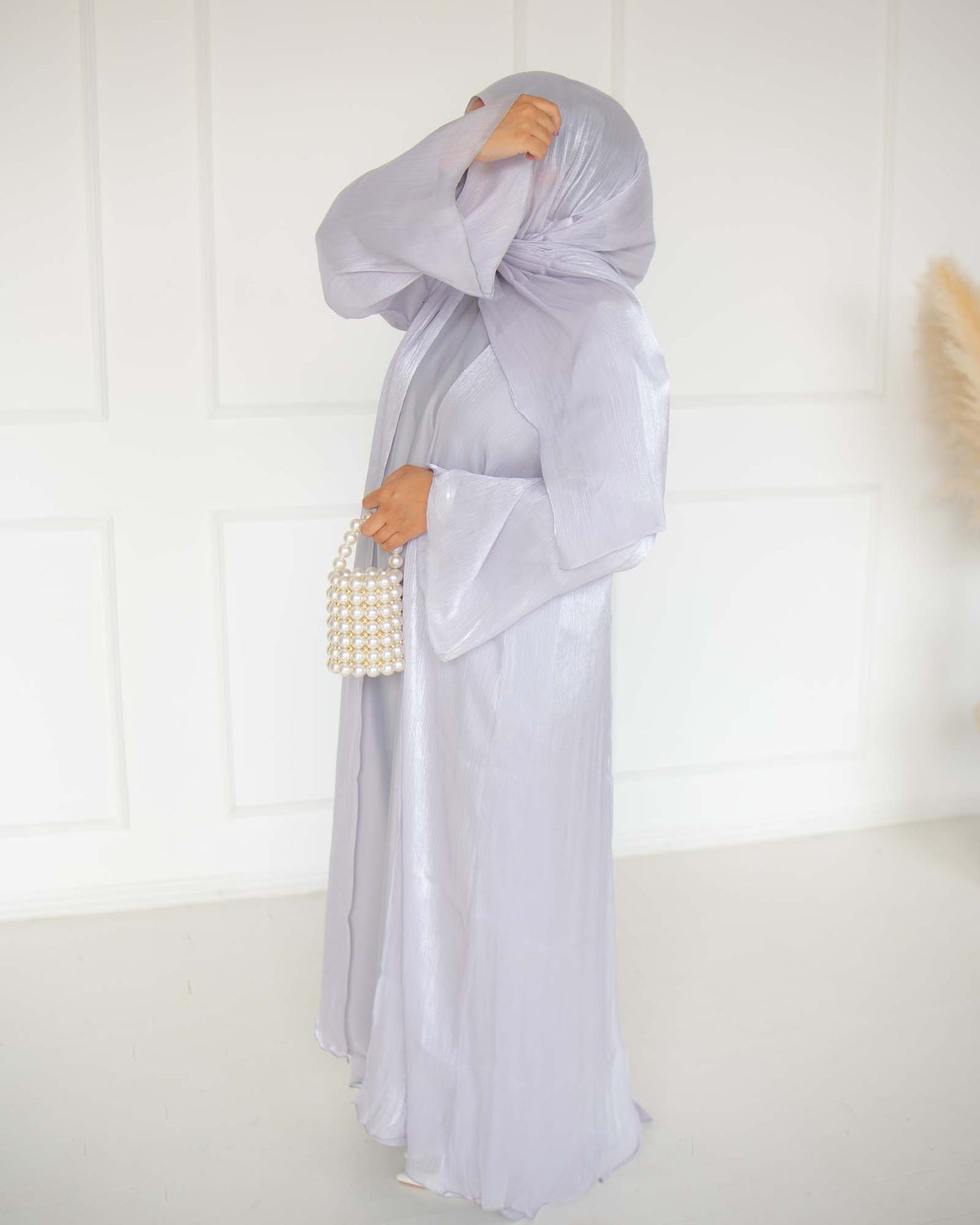 Reema Pale Lilac Princess Organza Abaya | occasion abayas | left view