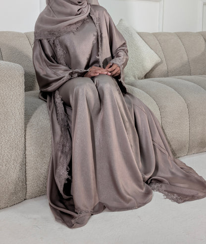 Womens Abaya Khadeejah Champagne  Satin Lace Abayas | occasion abayas | front full view