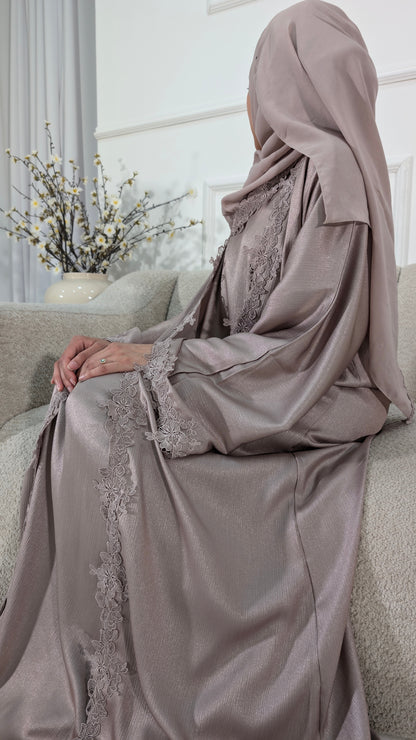 Womens Abaya Khadeejah Champagne  Satin Lace Abayas | occasion abayas | side view