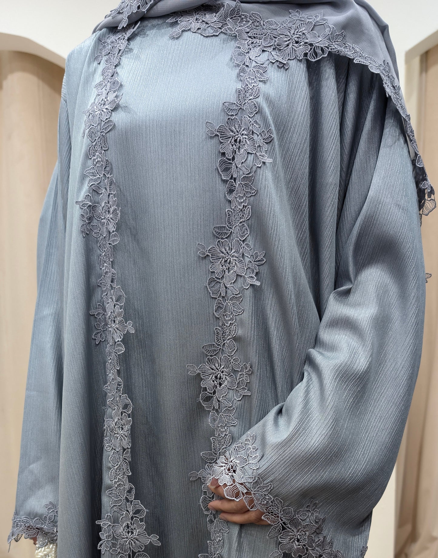 Womens Abaya Khadeejah Ice Blue Satin Lace Abayas | close view