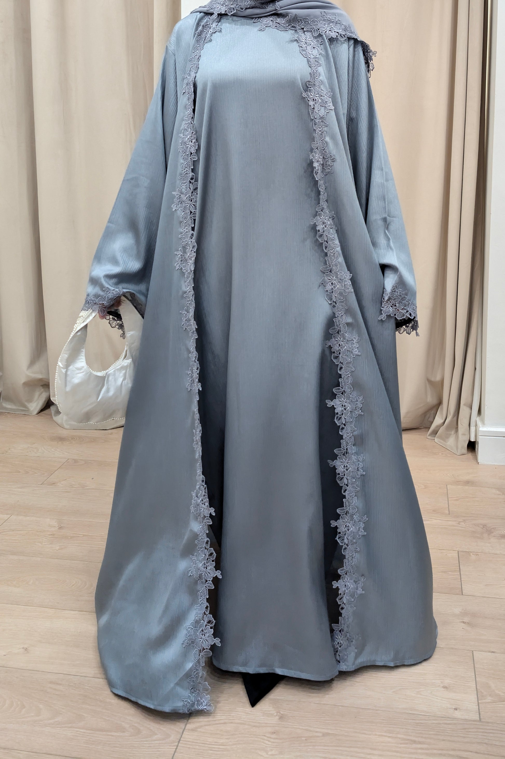 Womens Abaya Khadeejah Ice Blue Satin Lace Abayas | front view