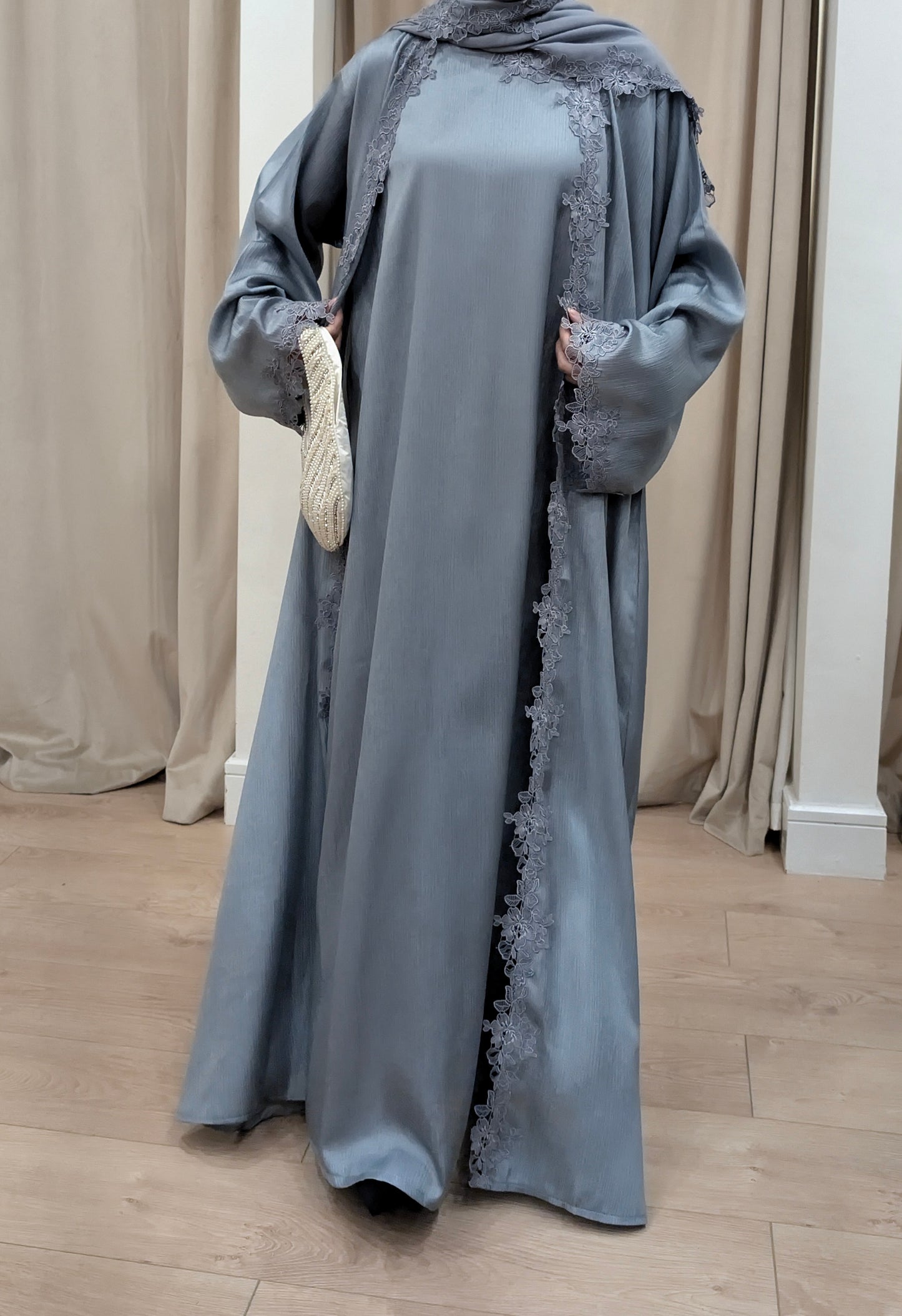 Womens Abaya Khadeejah Ice Blue Satin Lace Abayas | full view