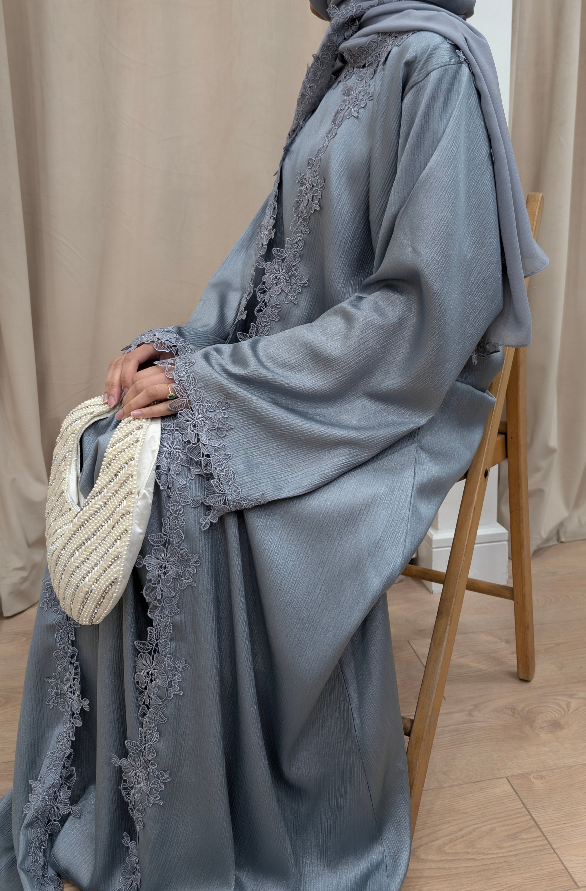 Womens Abaya Khadeejah Ice Blue Satin Lace Abayas | left view
