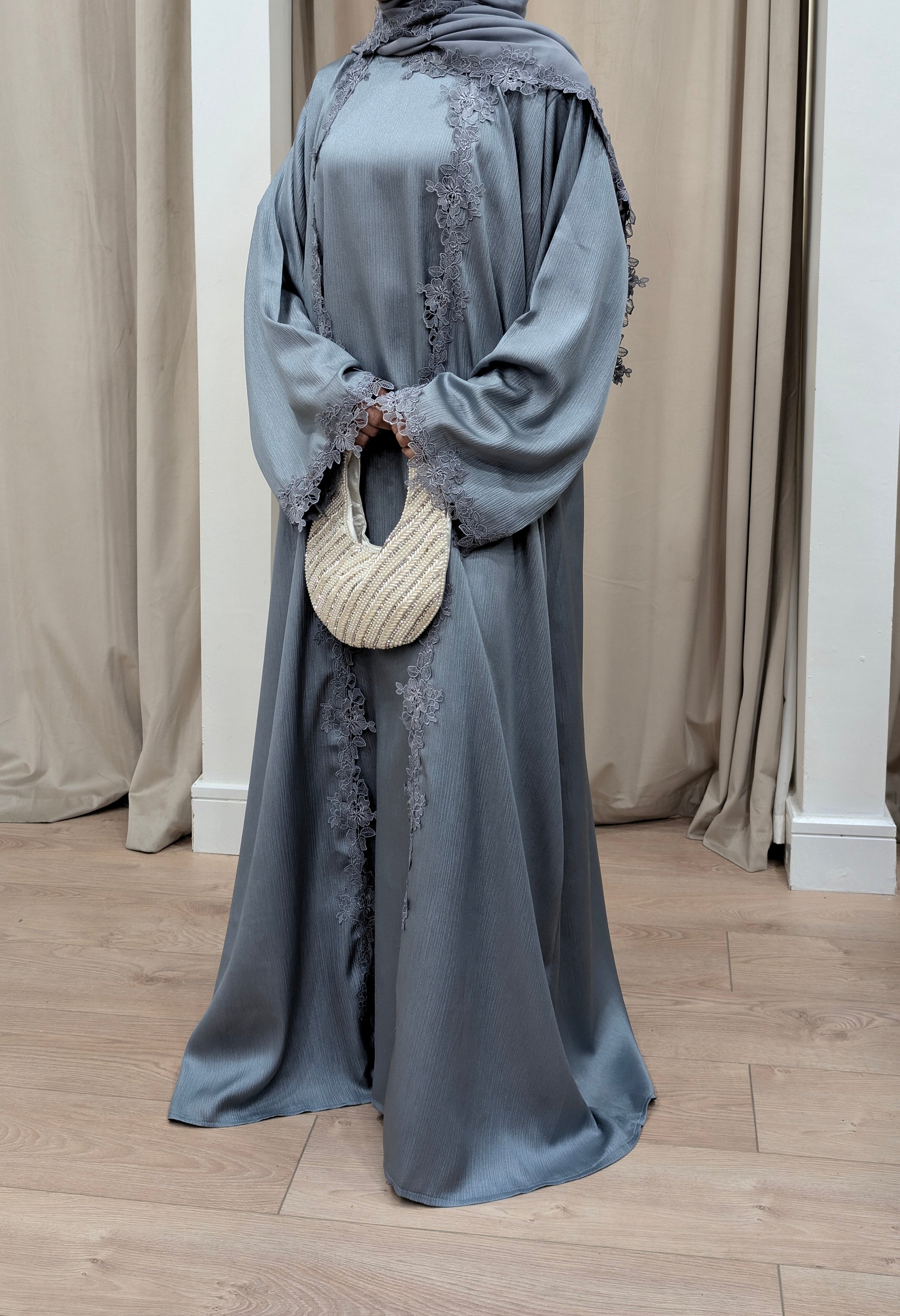 Womens Abaya Khadeejah Ice Blue Satin Lace Abayas | side full view